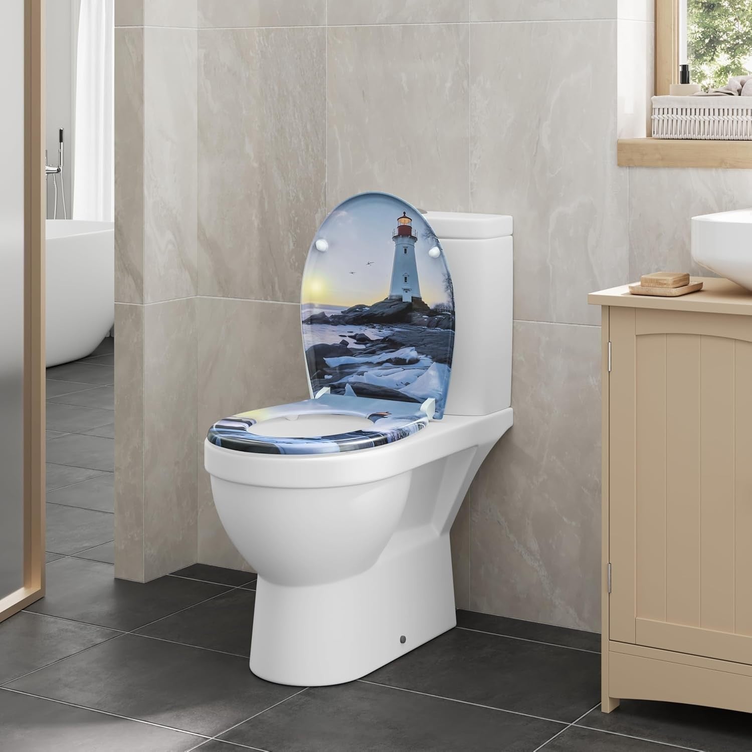 O-Shaped Toilet Seat Soft Close Quick Release Beacon Pattern Top Bottom Mount
