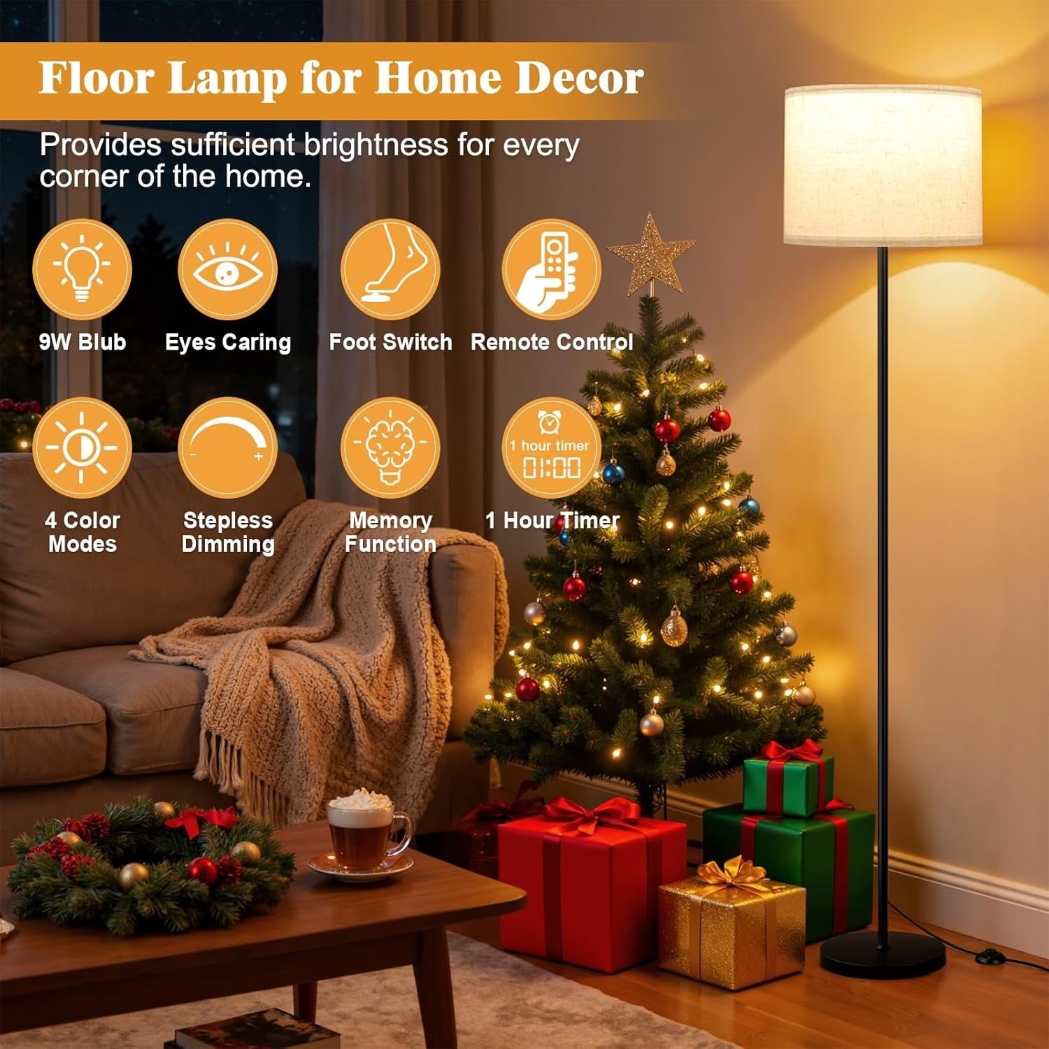 Modern Floor Lamp with Remote Dimmable Standing Lamp 153cm 9W LED