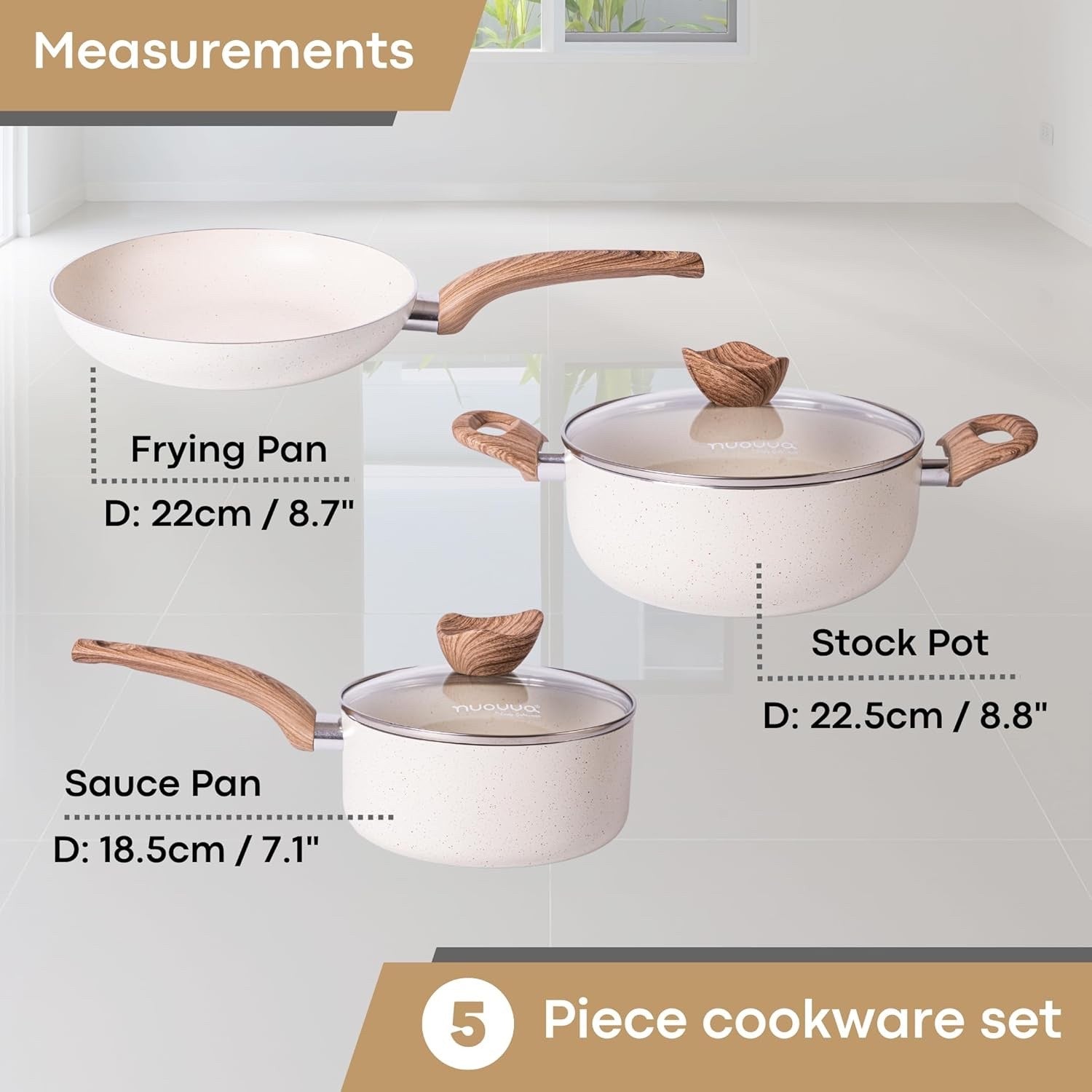 5pcs Cream Granite Non Stick Cookware Set with Lids – Induction Safe Pots