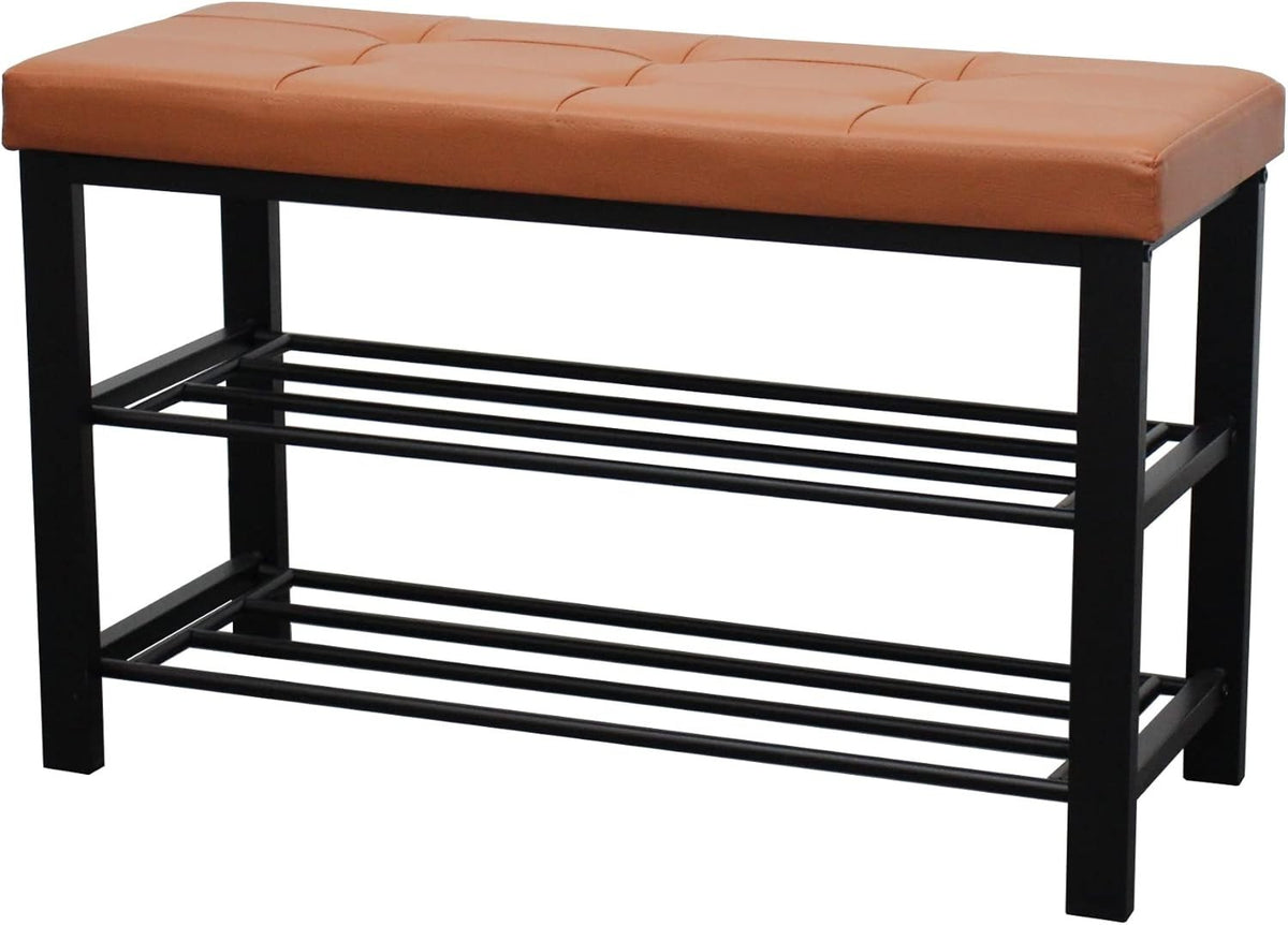 3 Tier Shoe Rack Bench with Walnut Leather Tufted Seat Storage Organiser