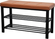 3 Tier Shoe Rack Bench with Walnut Leather Tufted Seat Storage Organiser