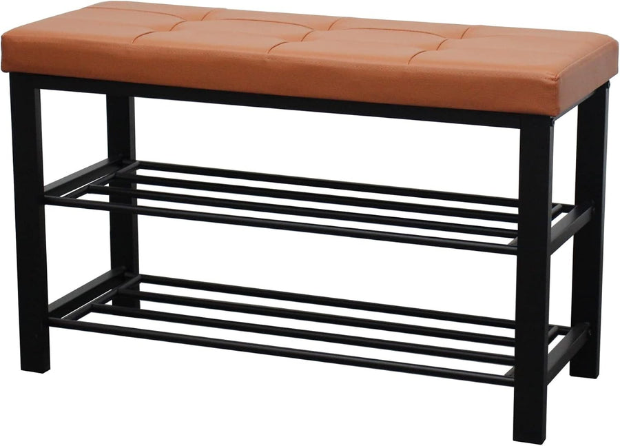 3 Tier Shoe Rack Bench with Walnut Leather Tufted Seat Storage Organiser