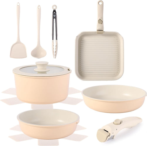 12pcs Hazelnut Non Stick Cookware Set with Detachable Handle Induction Oven Safe