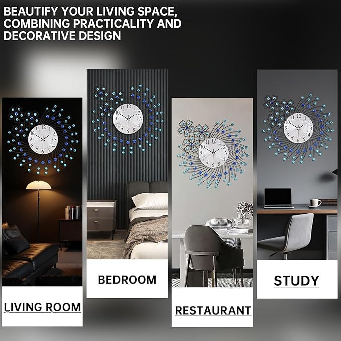 Large 50cm Crystal Wall Clock Blue Silent Modern Decorative Round Home Decor