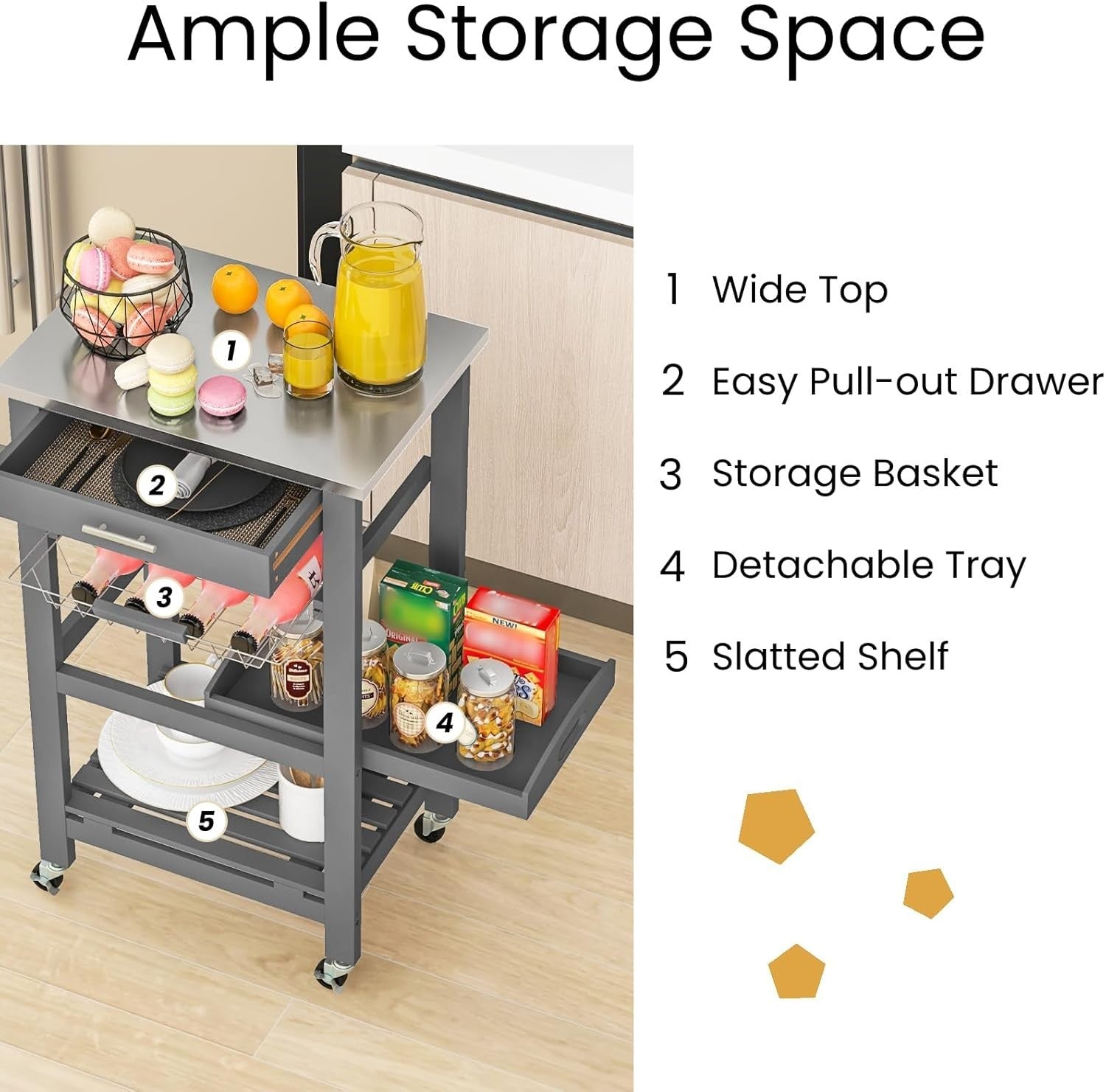 4 Tier Kitchen Trolley Stainless Steel Top Cart Grey