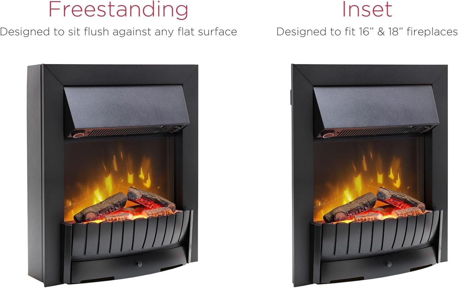 Electric Inset Fireplace Heater with Realistic LED Flame & Logs, 2kW Fan Heat