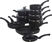 15pcs Matte Black Non Stick Cookware Set with Grill Pan & Soft-Touch Handles