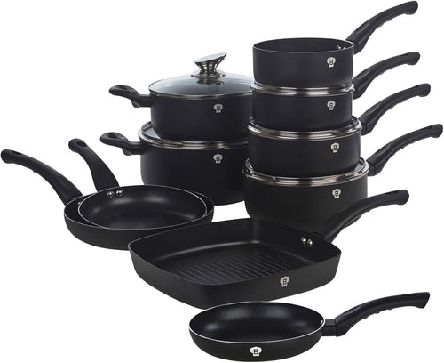 15pcs Matte Black Non Stick Cookware Set with Grill Pan & Soft-Touch Handles