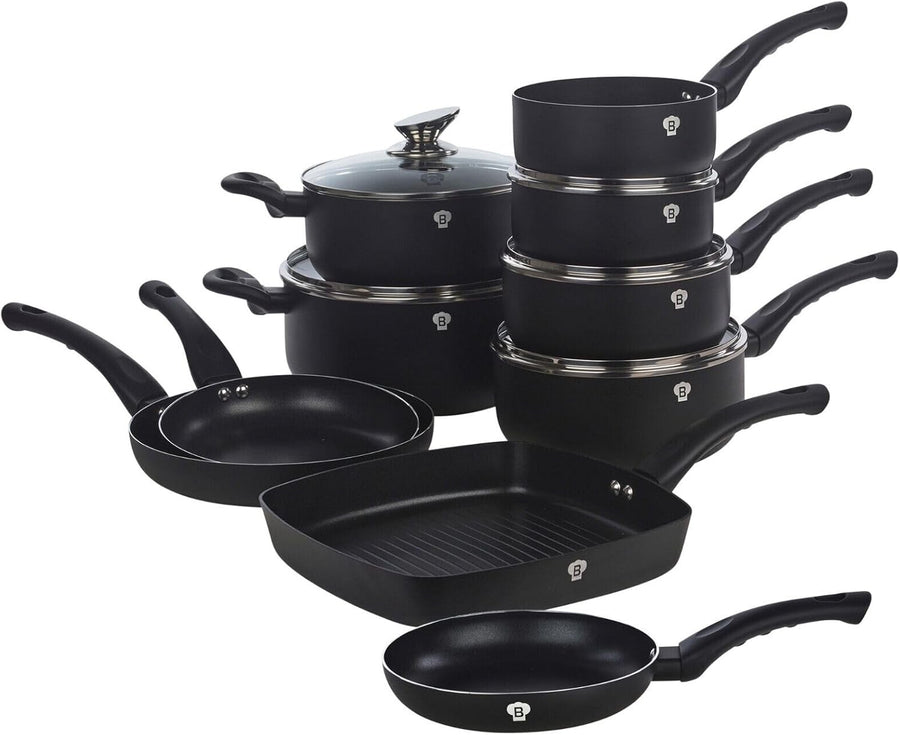 15pcs Matte Black Non Stick Cookware Set with Grill Pan & Soft-Touch Handles