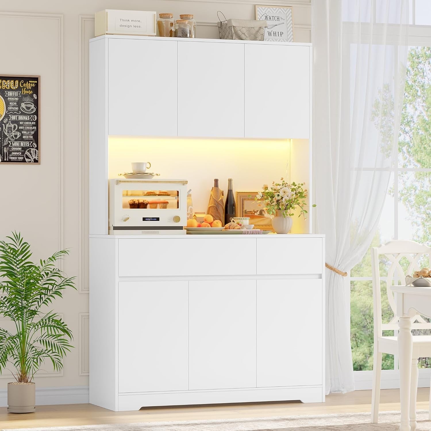 White 180cm Tall Kitchen Cupboard 6 Doors 2 Drawers LED & Power Outlet
