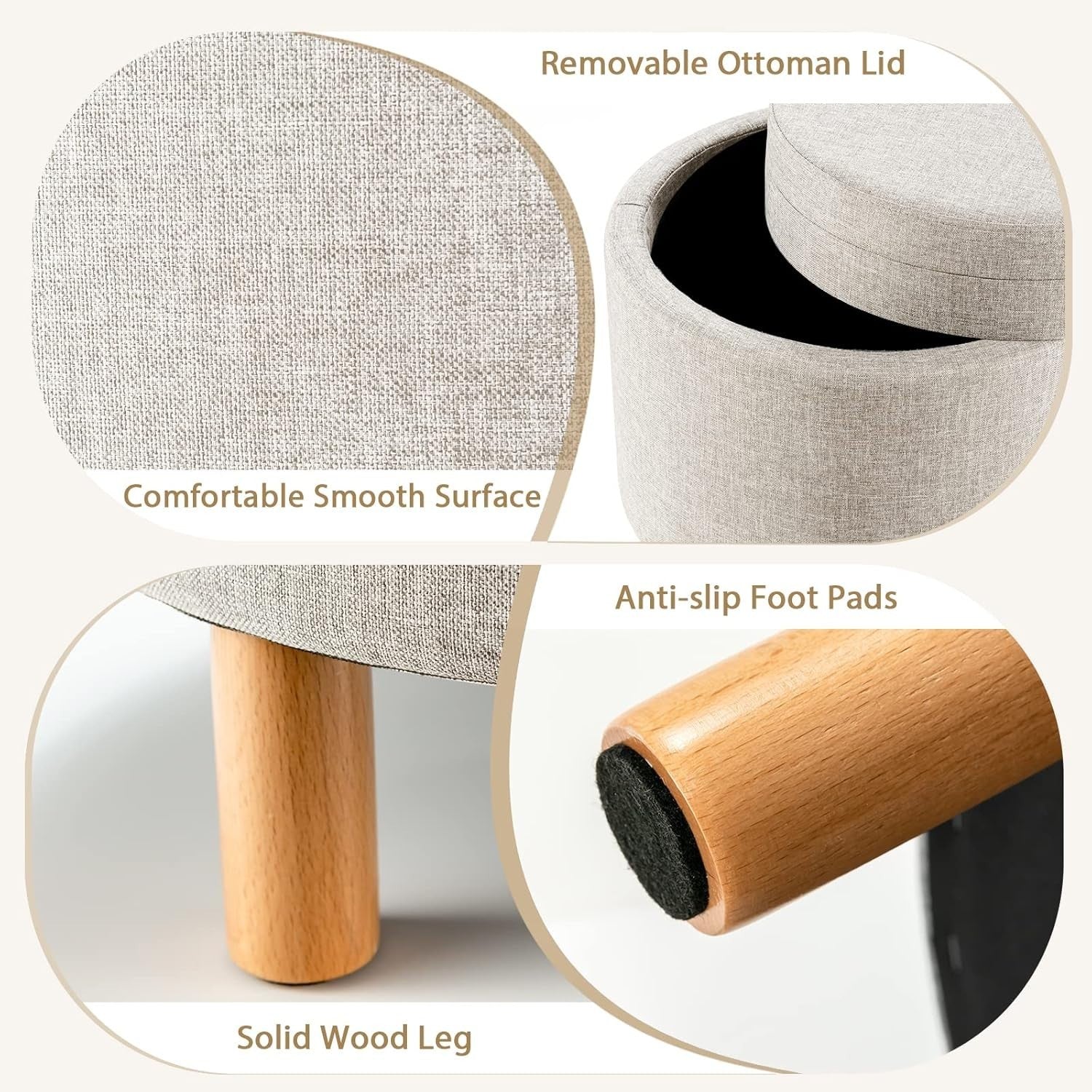 Beige Linen Round Storage Ottoman Stool 4-in-1 Footrest Tray Top Seat