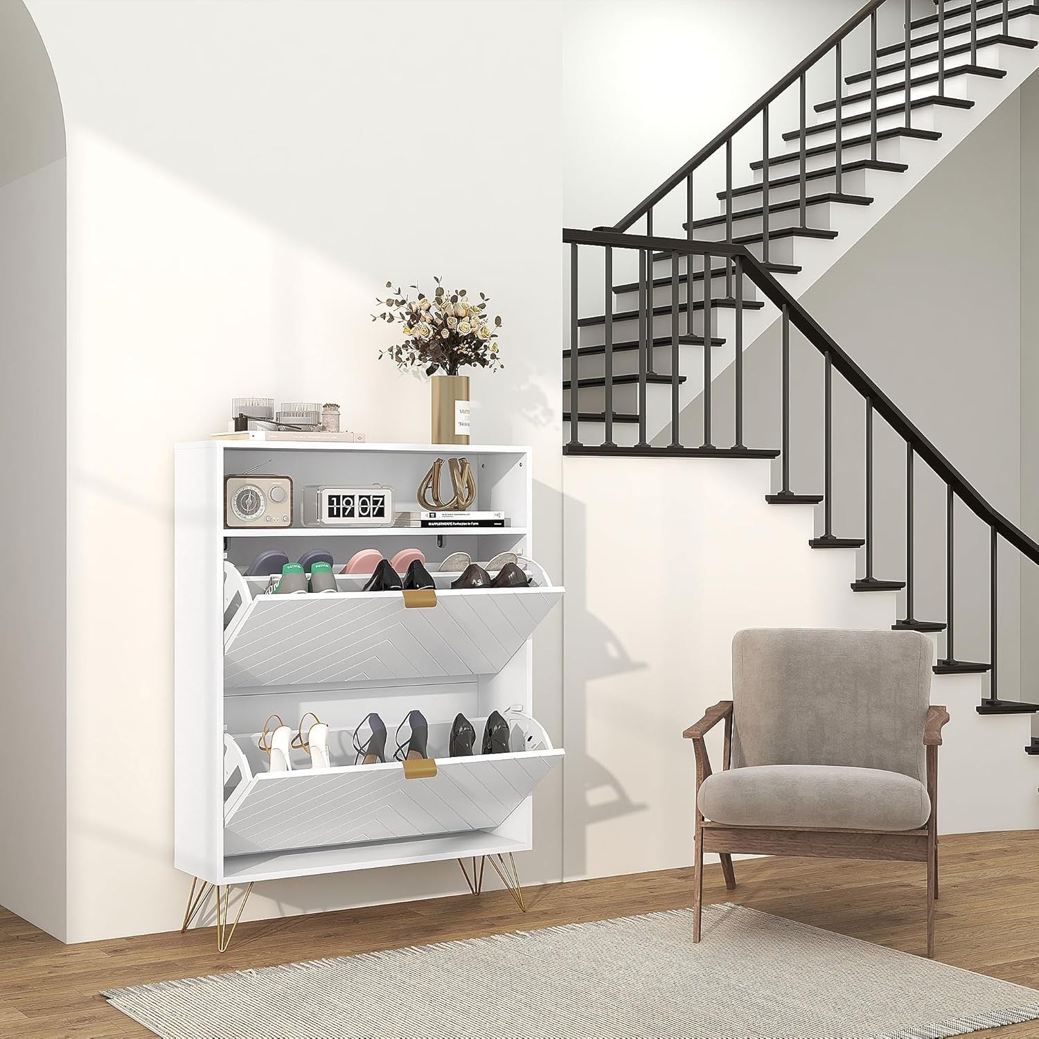 Slim Shoe Cabinet with 2 Flip Drawers & Adjustable Shelves, Holds 12 Pairs
