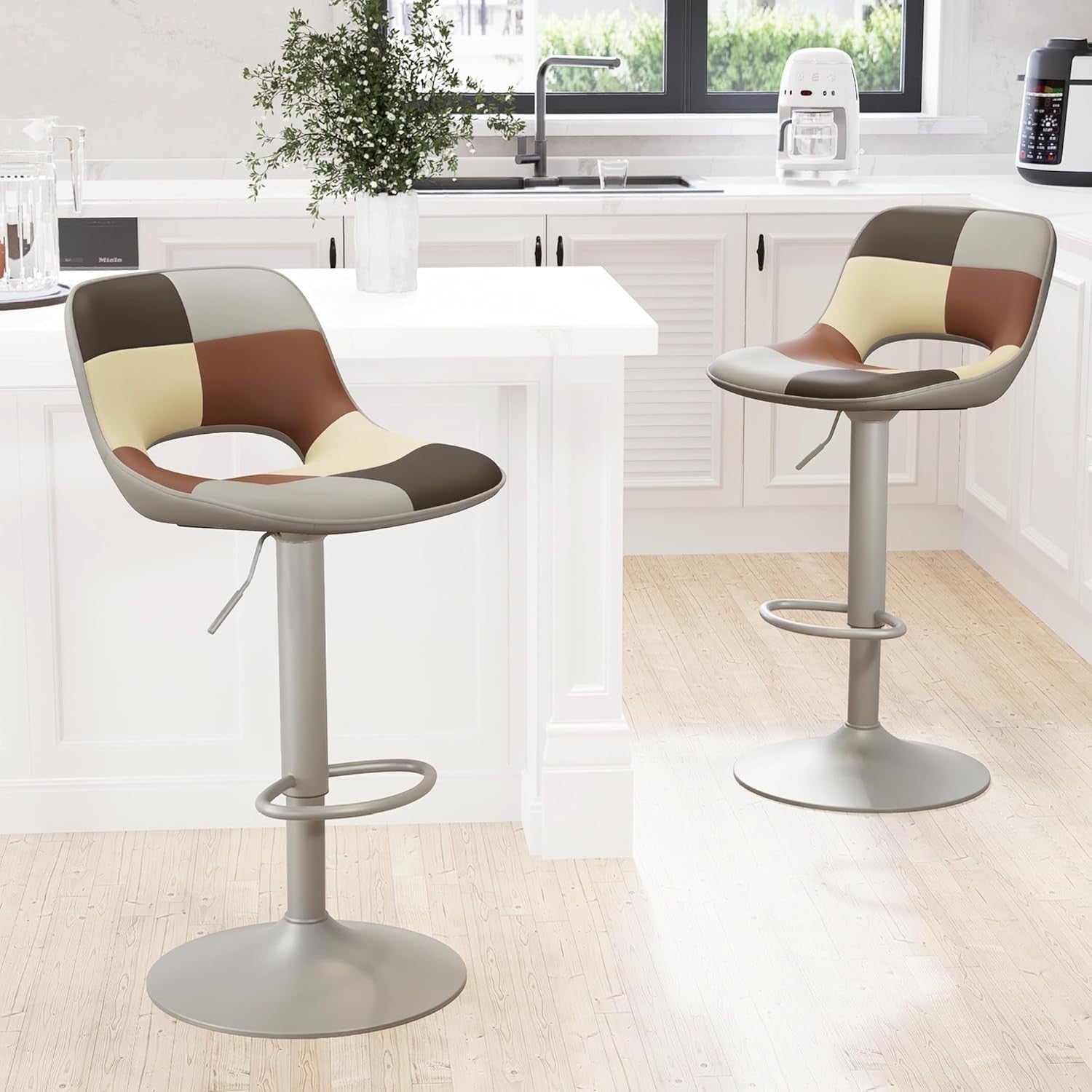 Adjustable Swivel Bar Stools 2pcs Faux Leather Counter Kitchen Chairs grey beig