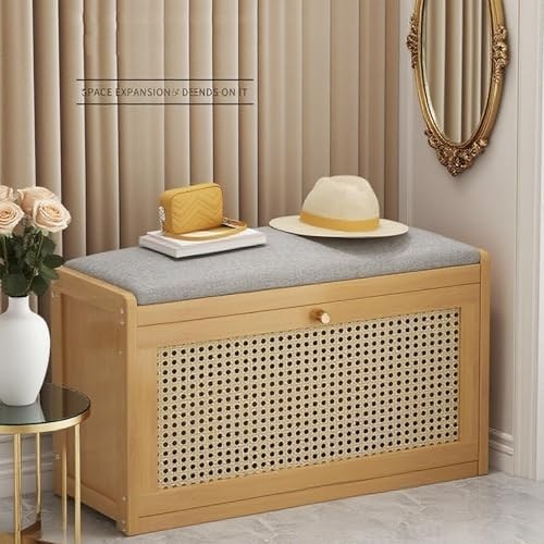 Narrow Shoe Bench 2-Tier Rattan Door Storage Seat Organiser for Entryway