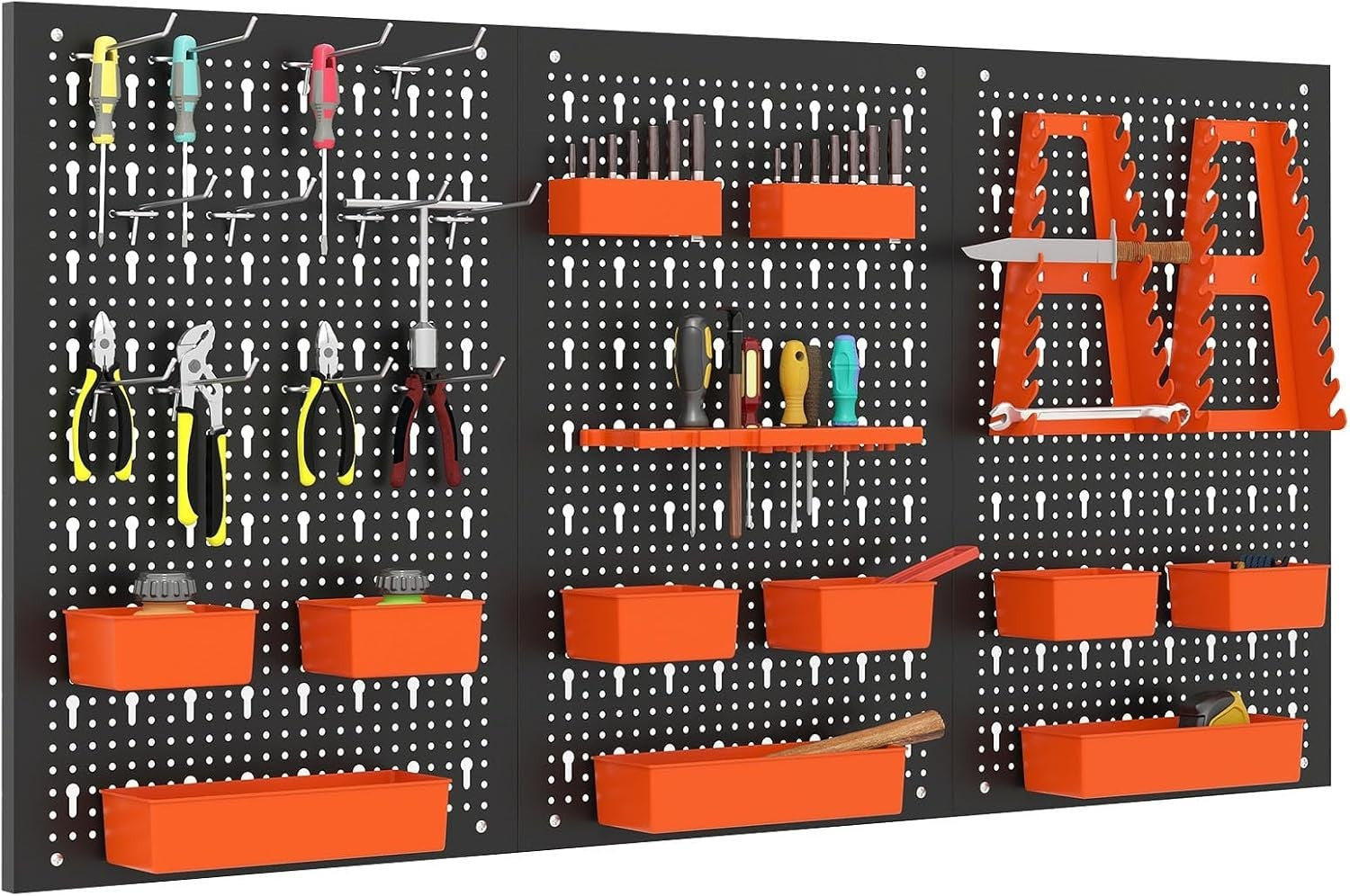 Black+Orange Pegboard Tool Organizer 3 Boards 26 Accessories Wall Rack