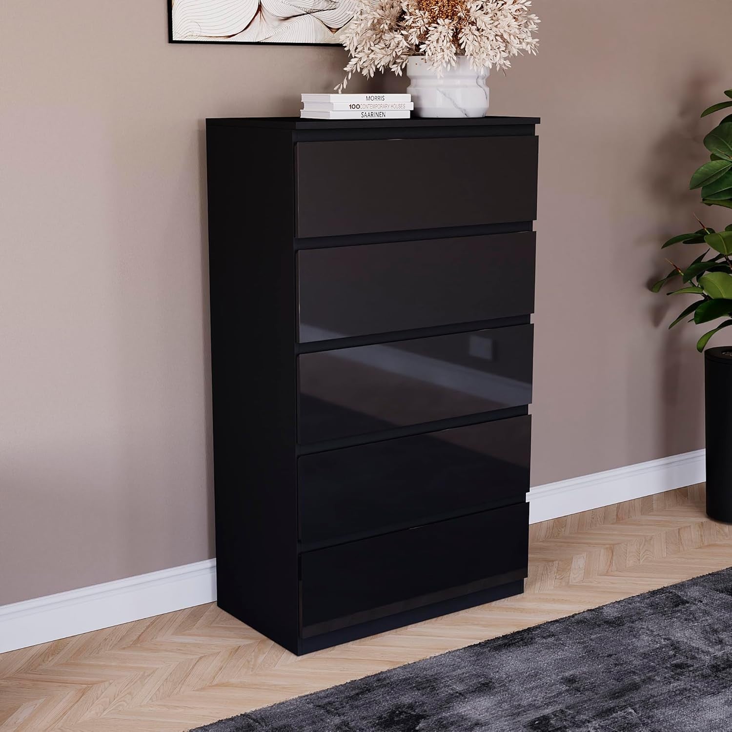 Black High Gloss 5 Drawer Chest Modern Storage Cabinet Bedroom Organizer