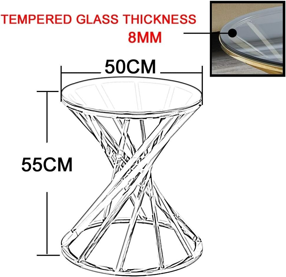 Modern Silver Side Table Round 50cm, Glass Top & Steel Frame, No Assembly