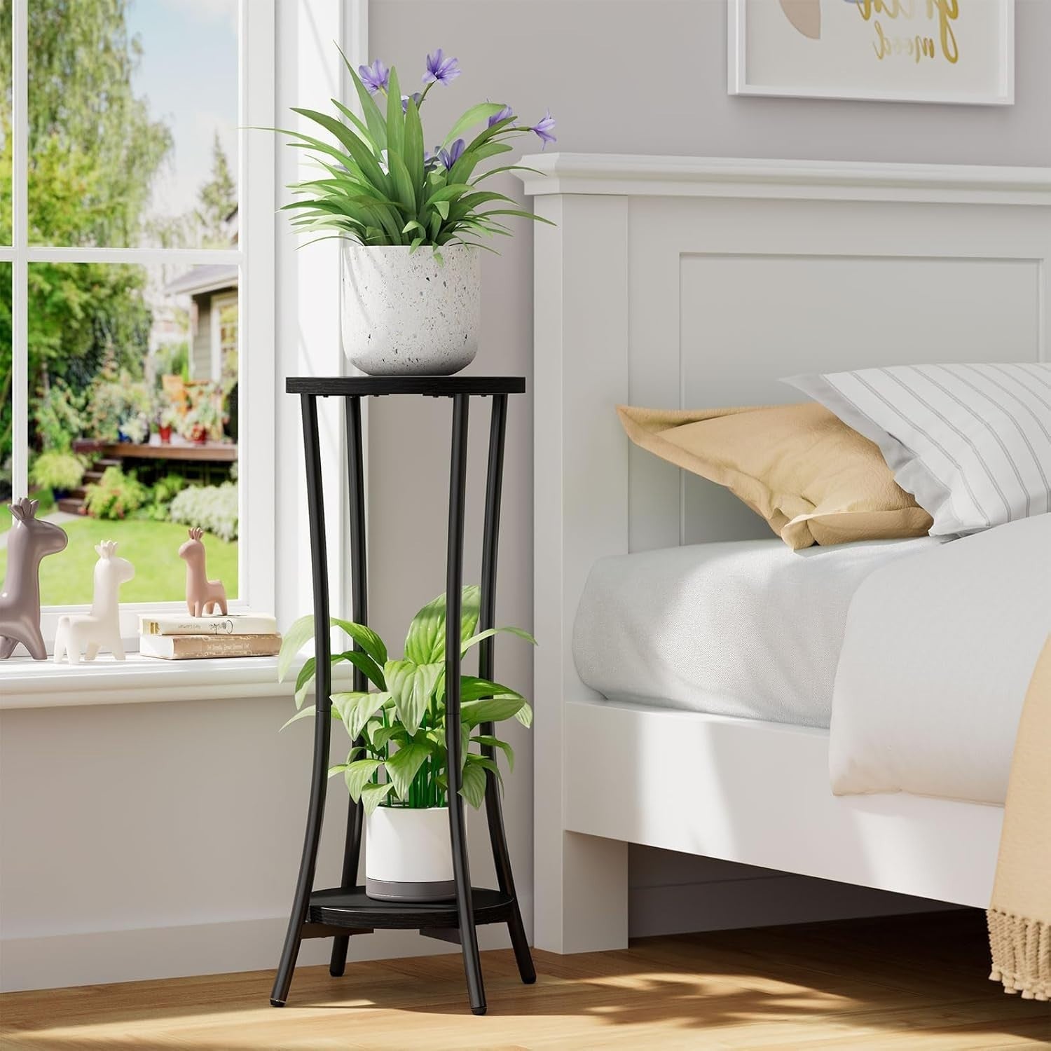 Tall 2 Tier Wood Plant Stand Indoor Corner Shelf Flower Pot Holder Modern Black