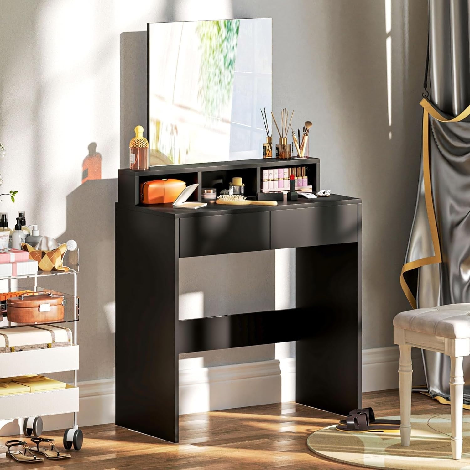 Compact Dressing Table Vanity Desk with Mirror 2 Drawers Shelves Black Wood