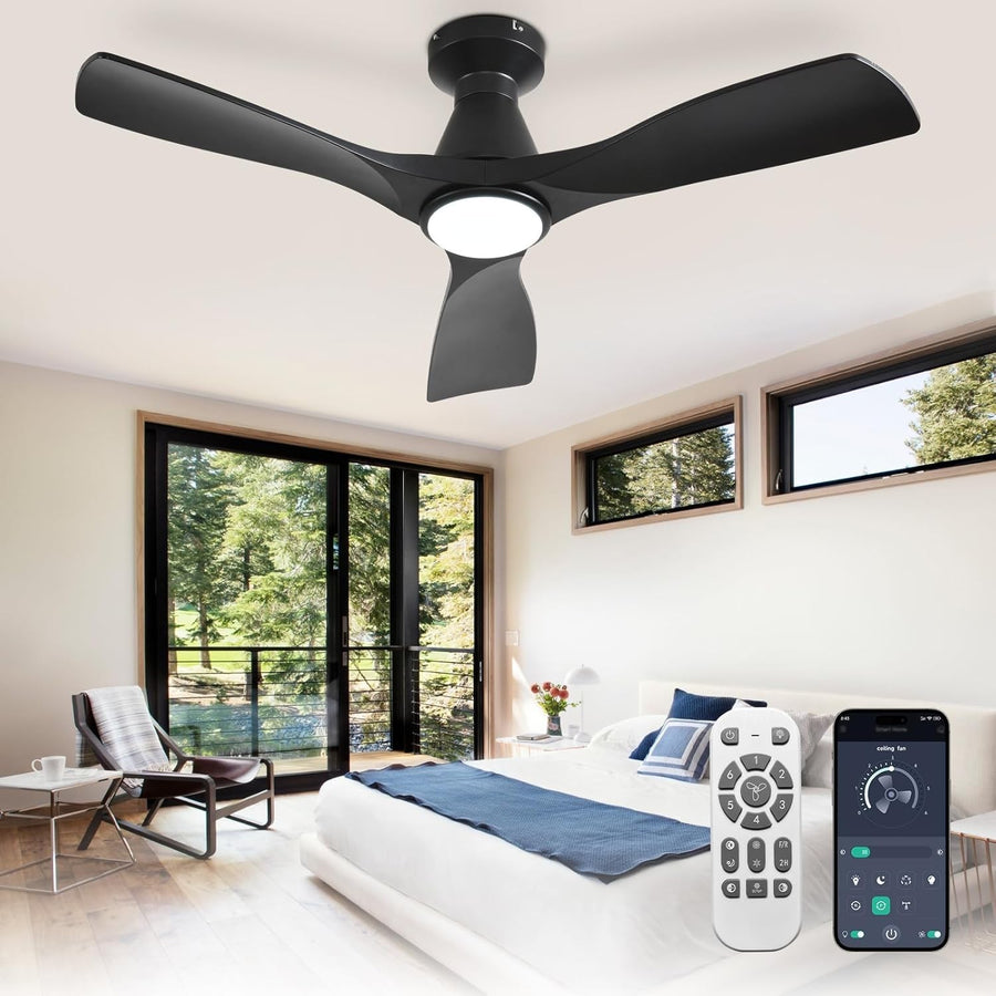 42" Ceiling Fan Light, 3-Blade Low Profile LED, Quiet Reversible Black