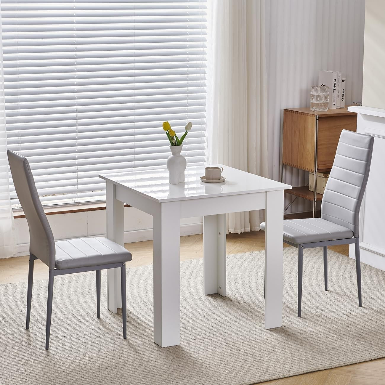 Modern 3-Piece White Marble Dining Set with 2 Grey PU Chairs for Small Spaces