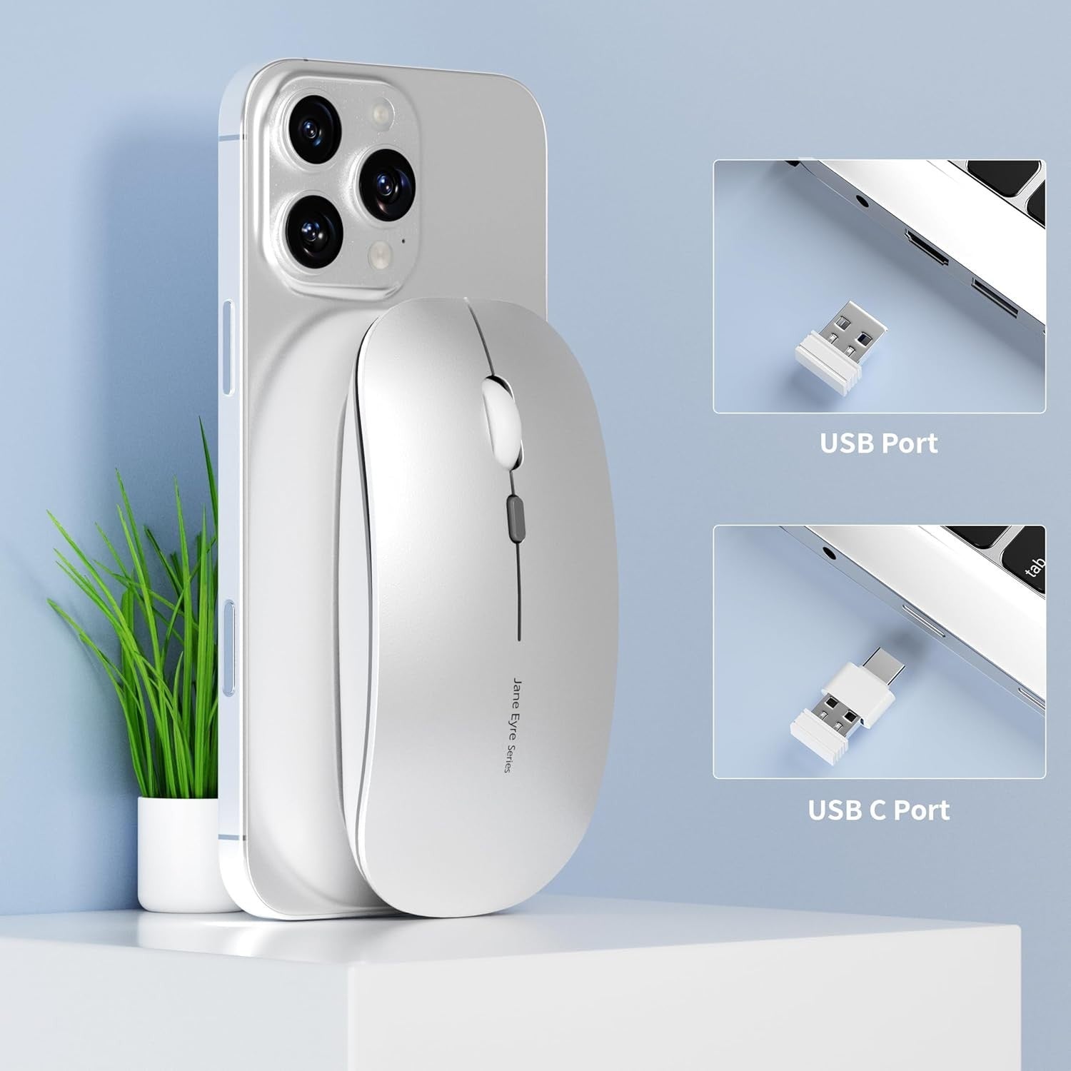 Slim Wireless Mouse Rechargeable Silent 2.4G 1600 DPI Silver