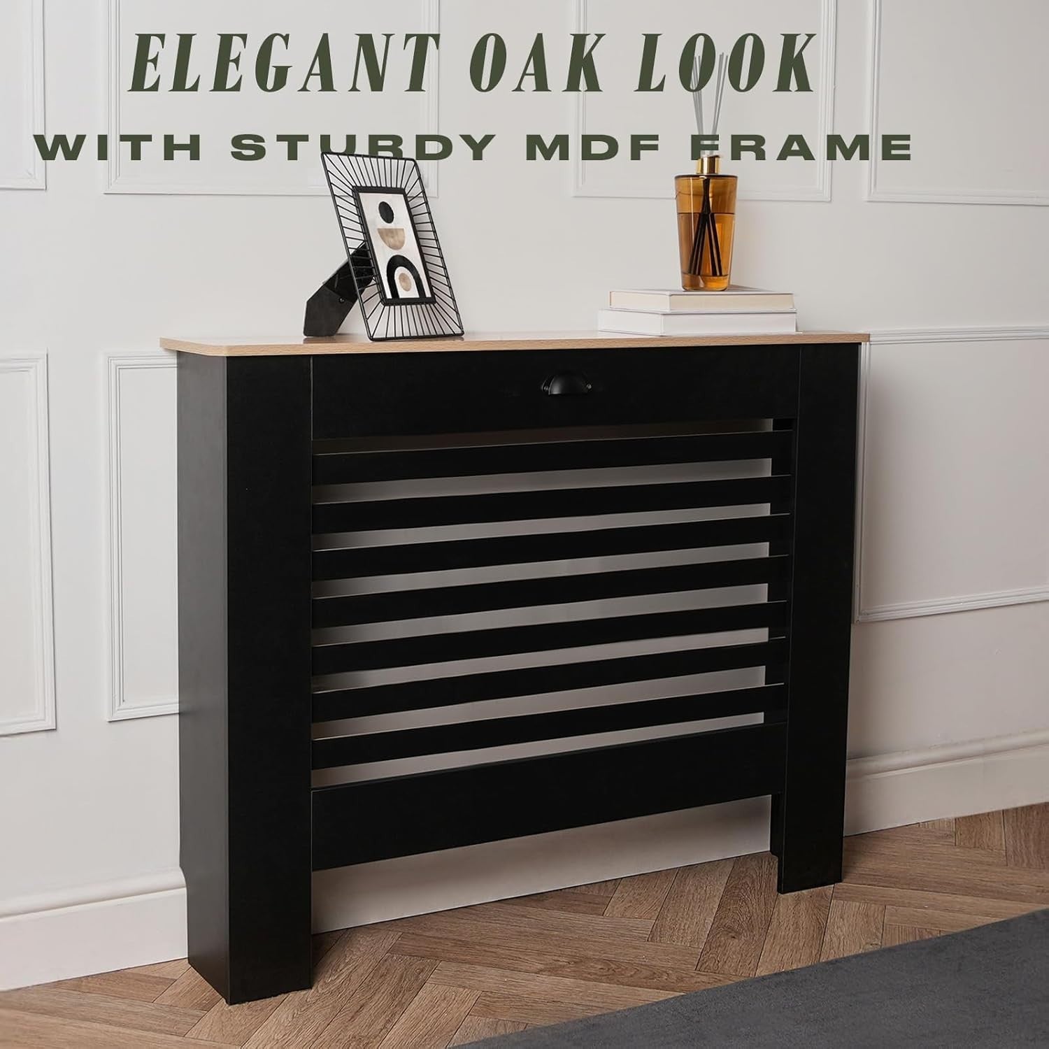 Modern Black Radiator Cover Shelf | Natural Oak Top Heating Cabinet