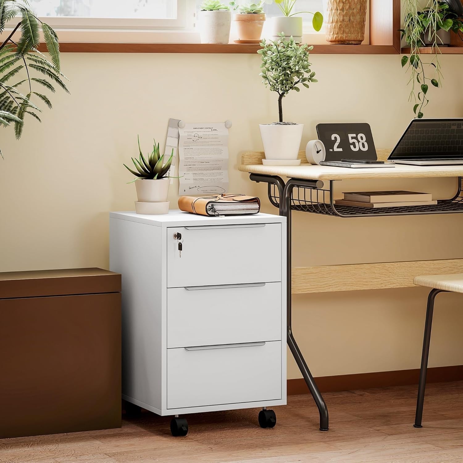 White Lockable Rolling Drawer Cabinet 3 Tier Under Desk File Unit