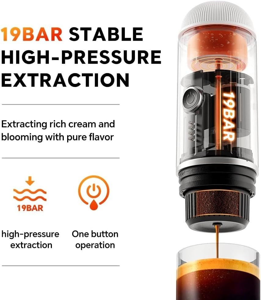 Portable 12V Espresso Maker Travel Coffee Machine 19Bar Self-Heating White Color