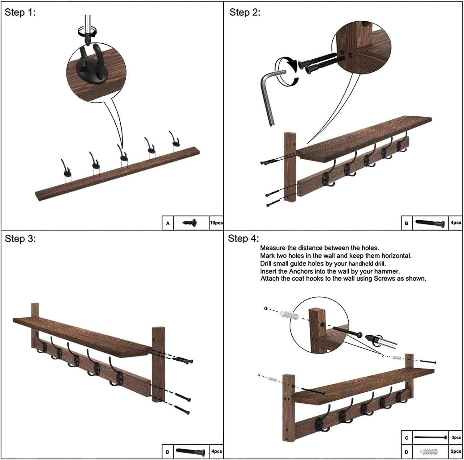 Brown Wall Mounted Coat Rack with Shelf | 5 Hooks Rustic Wooden Organizer