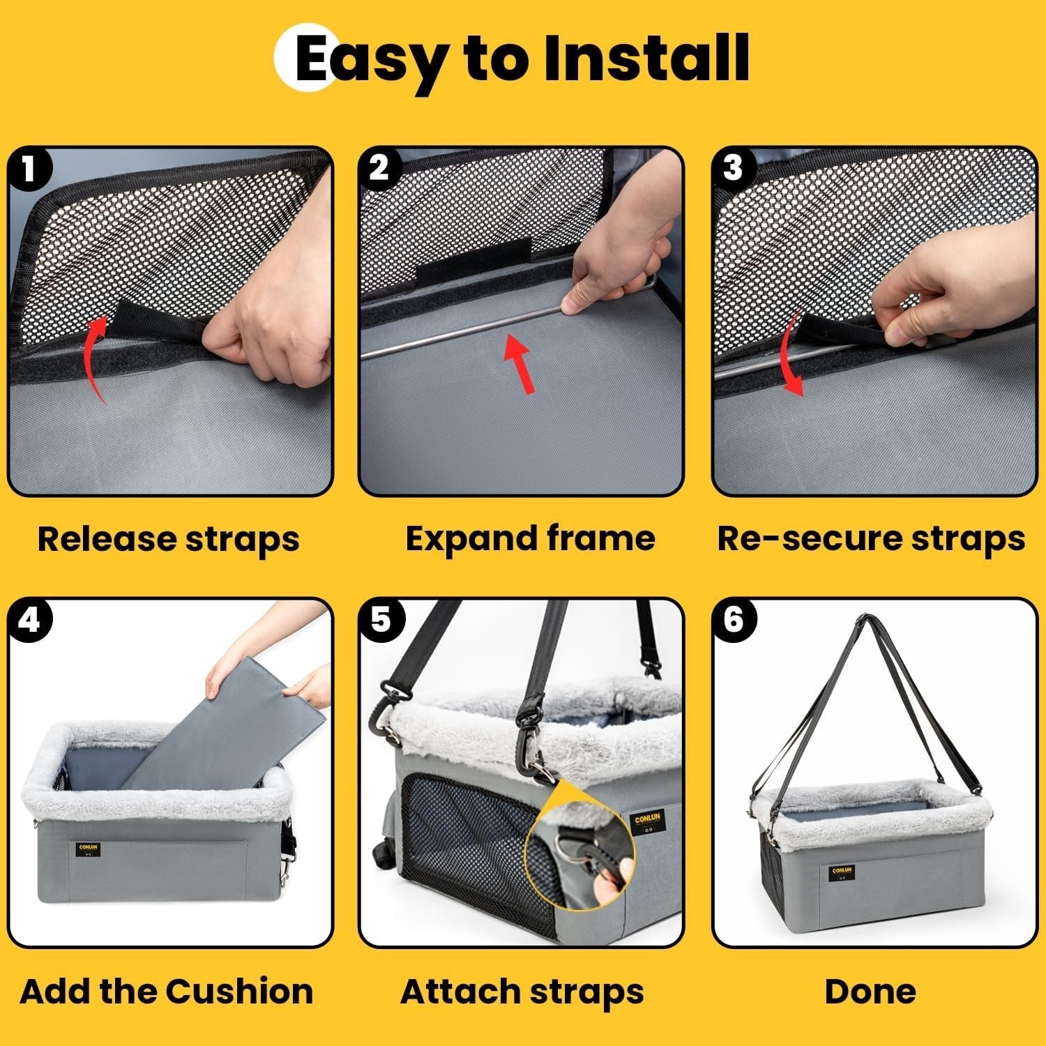 Elevated Dog Car Seat Booster Bed Safety Tether Waterproof Grey