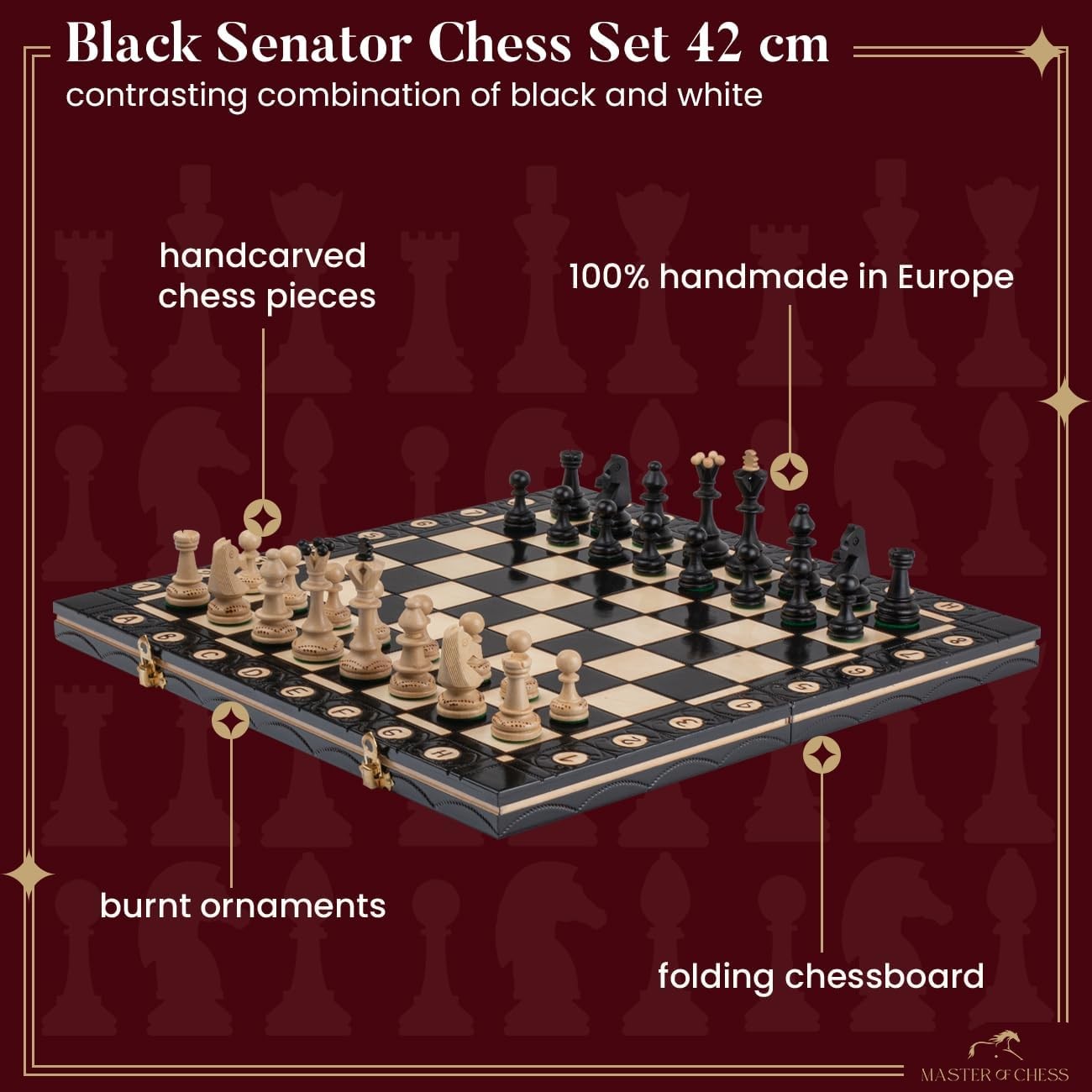 Luxury Wooden Chess Set 42cm • Burned Detail Board • Hand-Carved Pieces • Gift R
