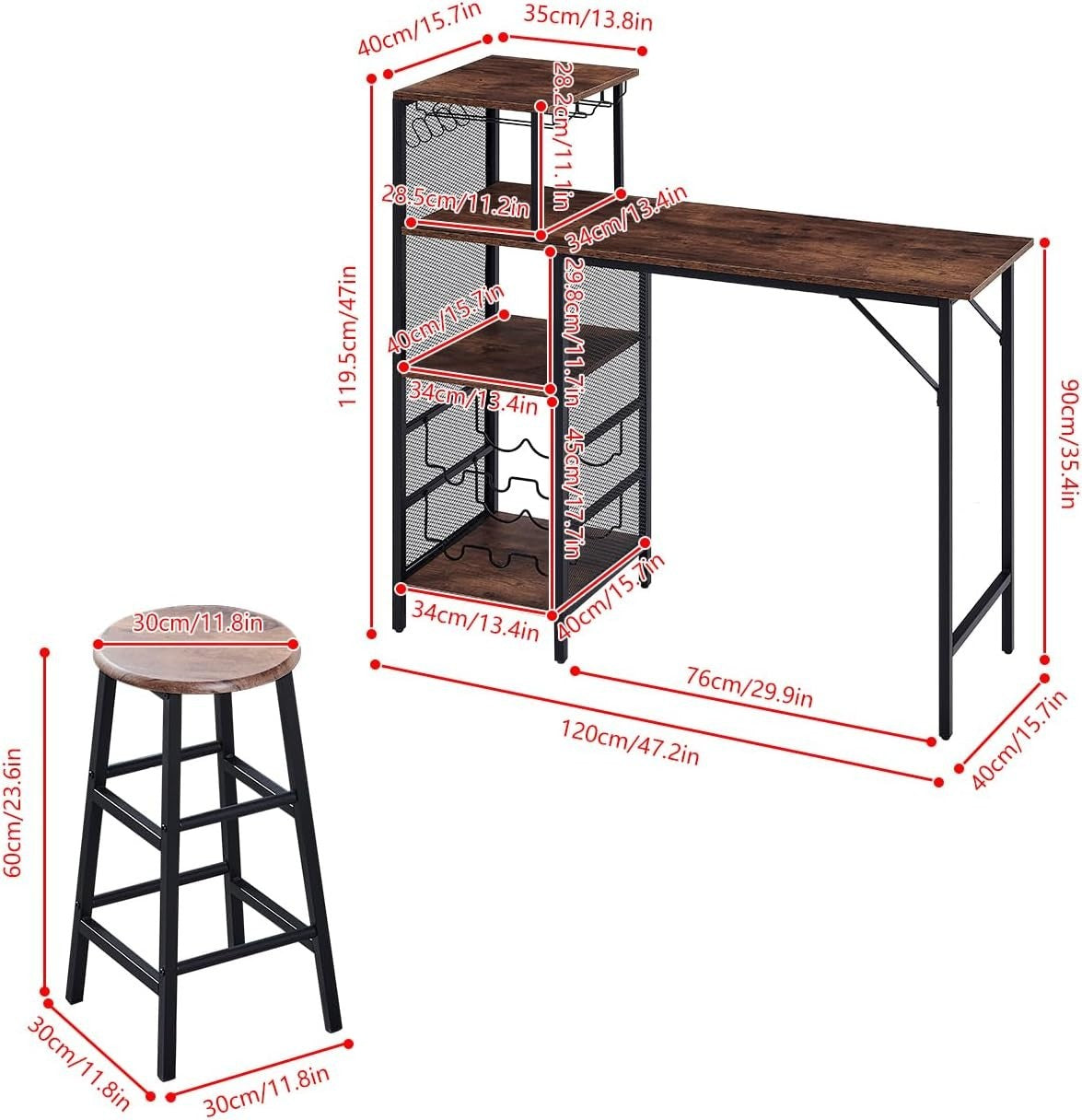 3-Piece Bar Table Set with 2 Stools Wood Top Space-Saving Dining Table Set