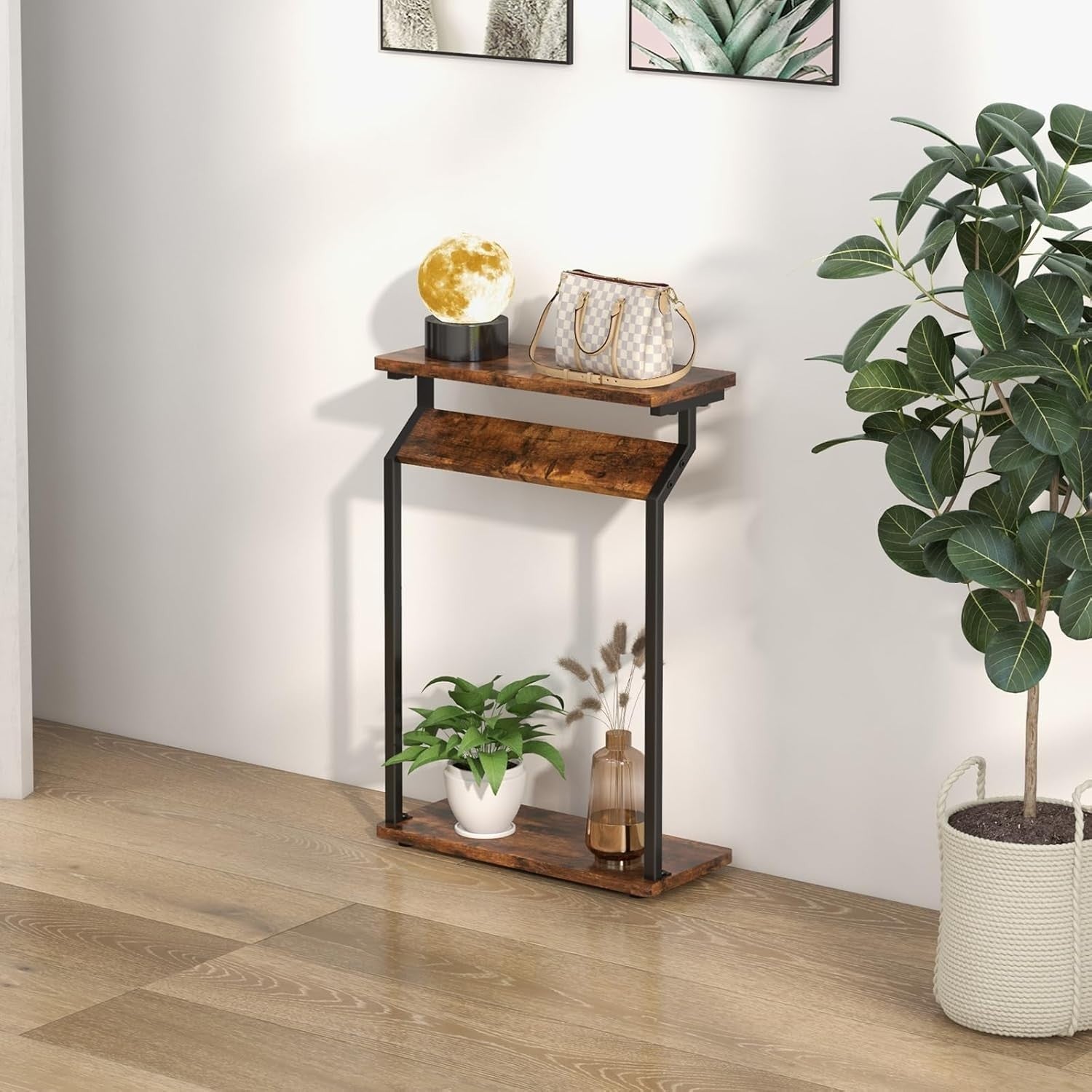 Narrow Side Table Slim Sofa End Table for Small Spaces Rustic Brown 62cm