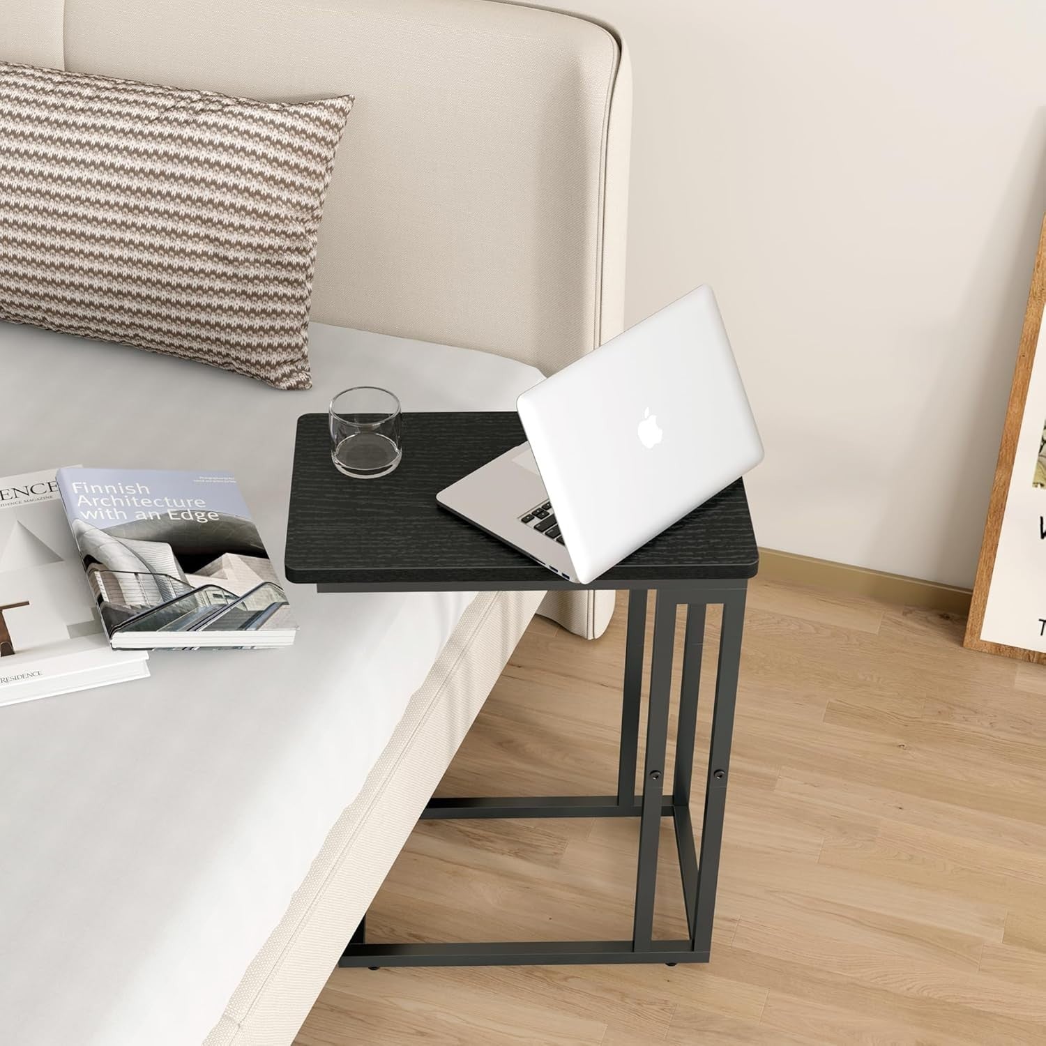 C-Shaped Narrow Side Table with Storage, Slide-Under Sofa, Compact Desk