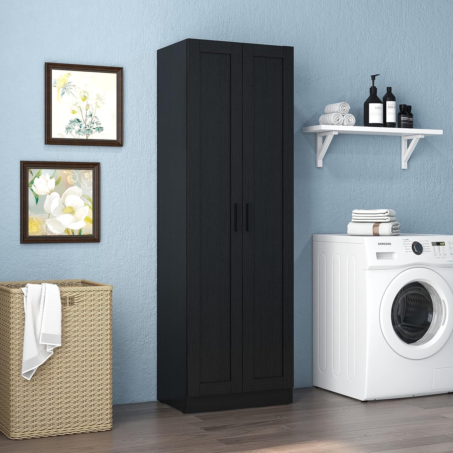 Tall Black Storage Cupboard 2 Door Wooden Cabinet with Adjustable Shelves