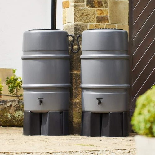 227L Grey Round Water Butt Double Kit With Tap Stand & Diverter Garden