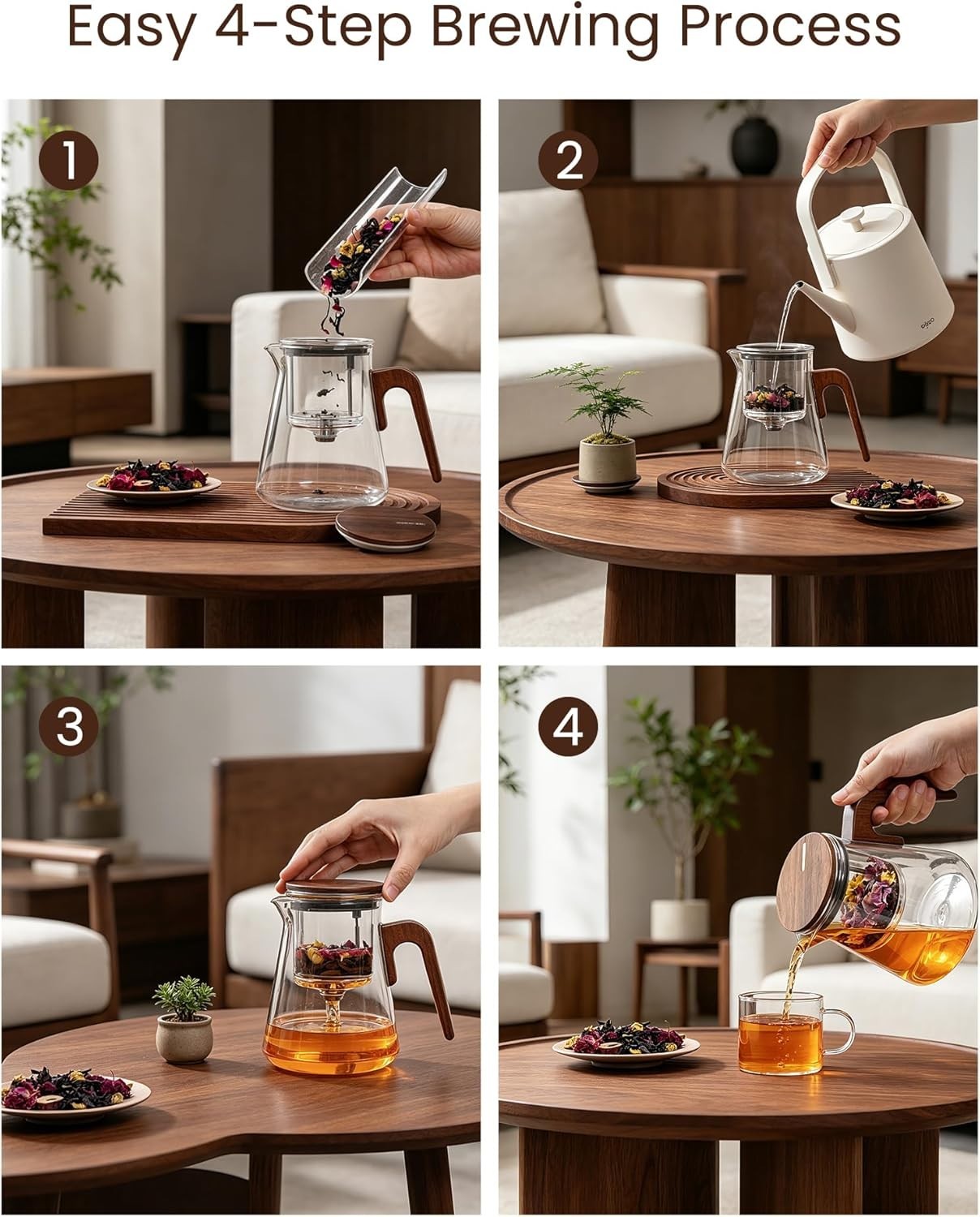 Magnetic Glass Teapot 800ml Tea Pot w Infuser Walnut Handle Lid