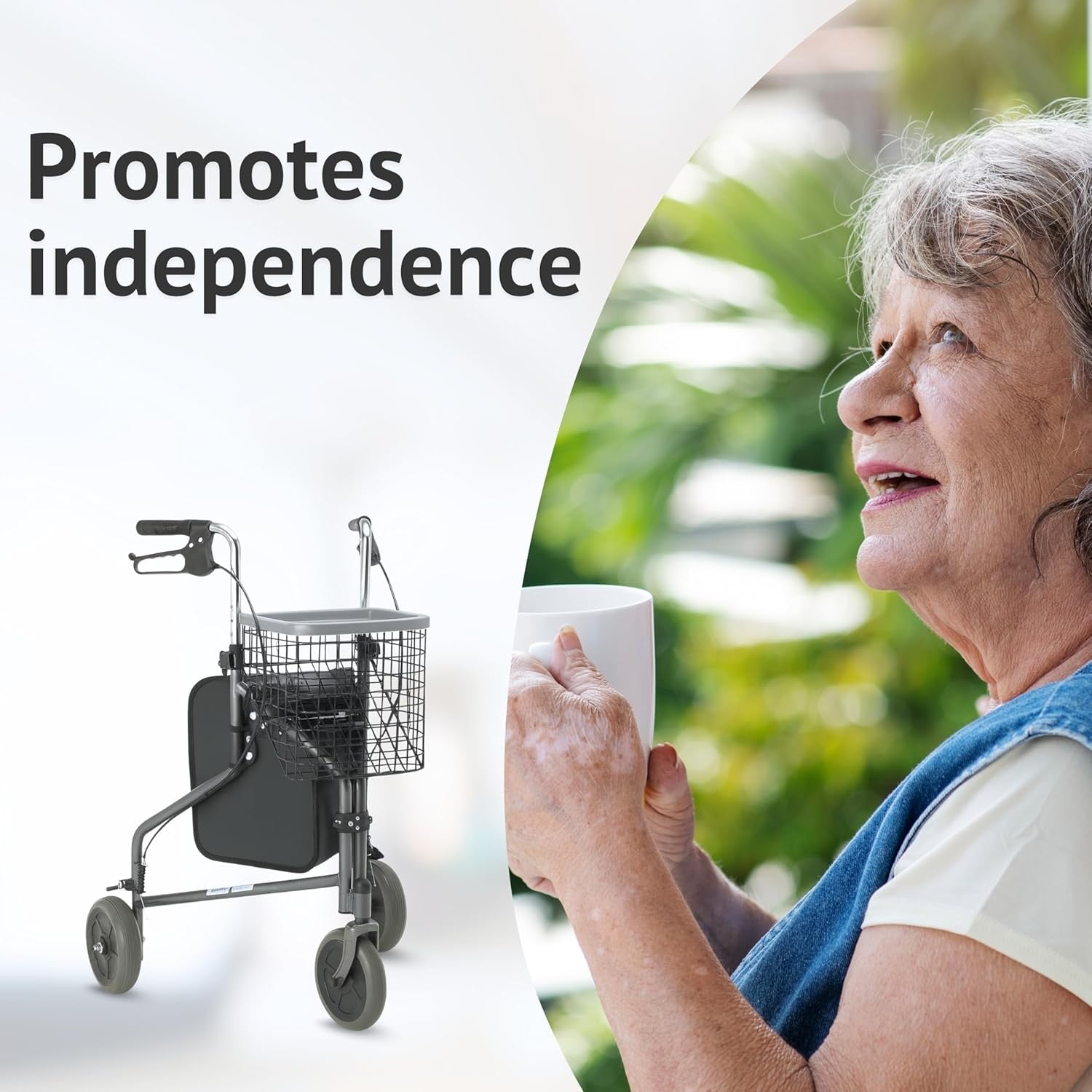 3 Wheel Rollator Walker Lightweight Folding with Basket Tray Lockable Brakes