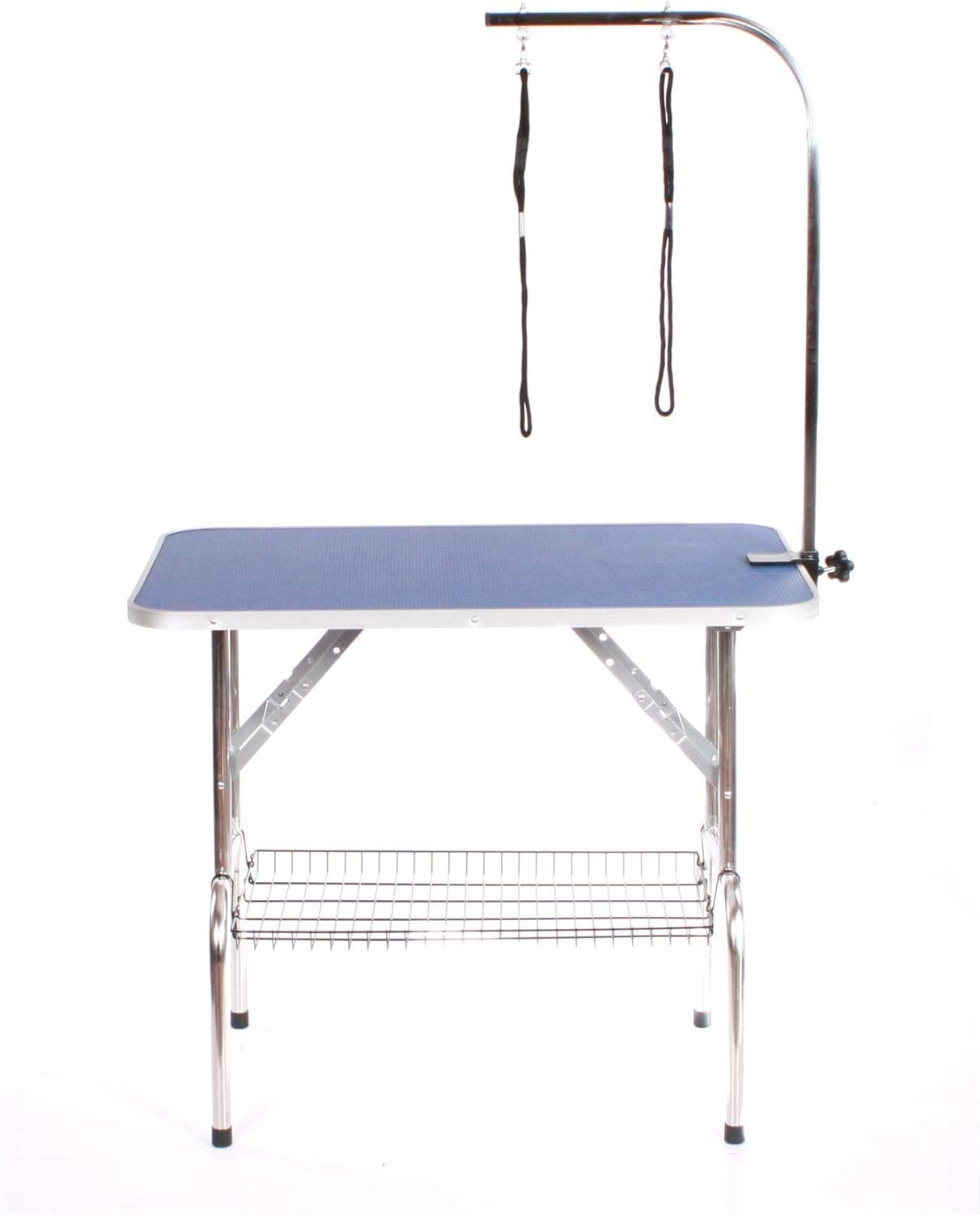 Dog Grooming Table Folding Stainless Steel Adjustable Arm Non Slip Blue