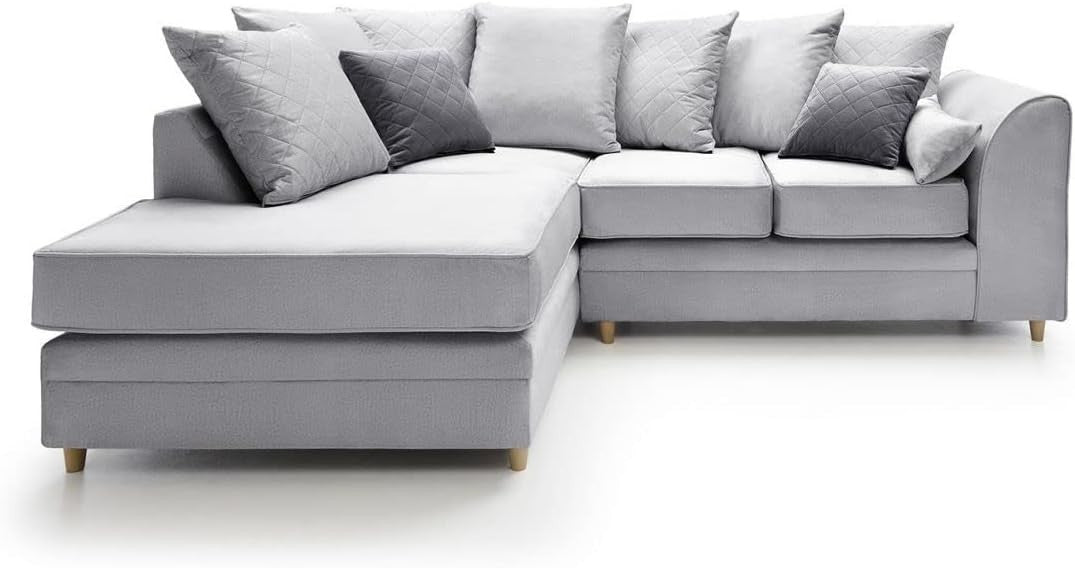 Light Grey L-Shaped Corner Sofa Velvet Fabric Water-Repellent 3 Seater
