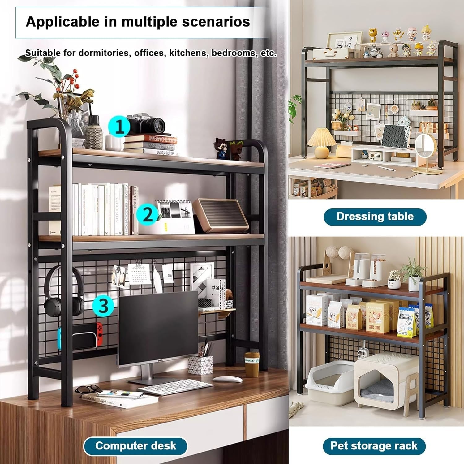 2-Tier Desktop Bookshelf Hutch Metal/Wood Storage Rack Heavy Duty 135cm Black