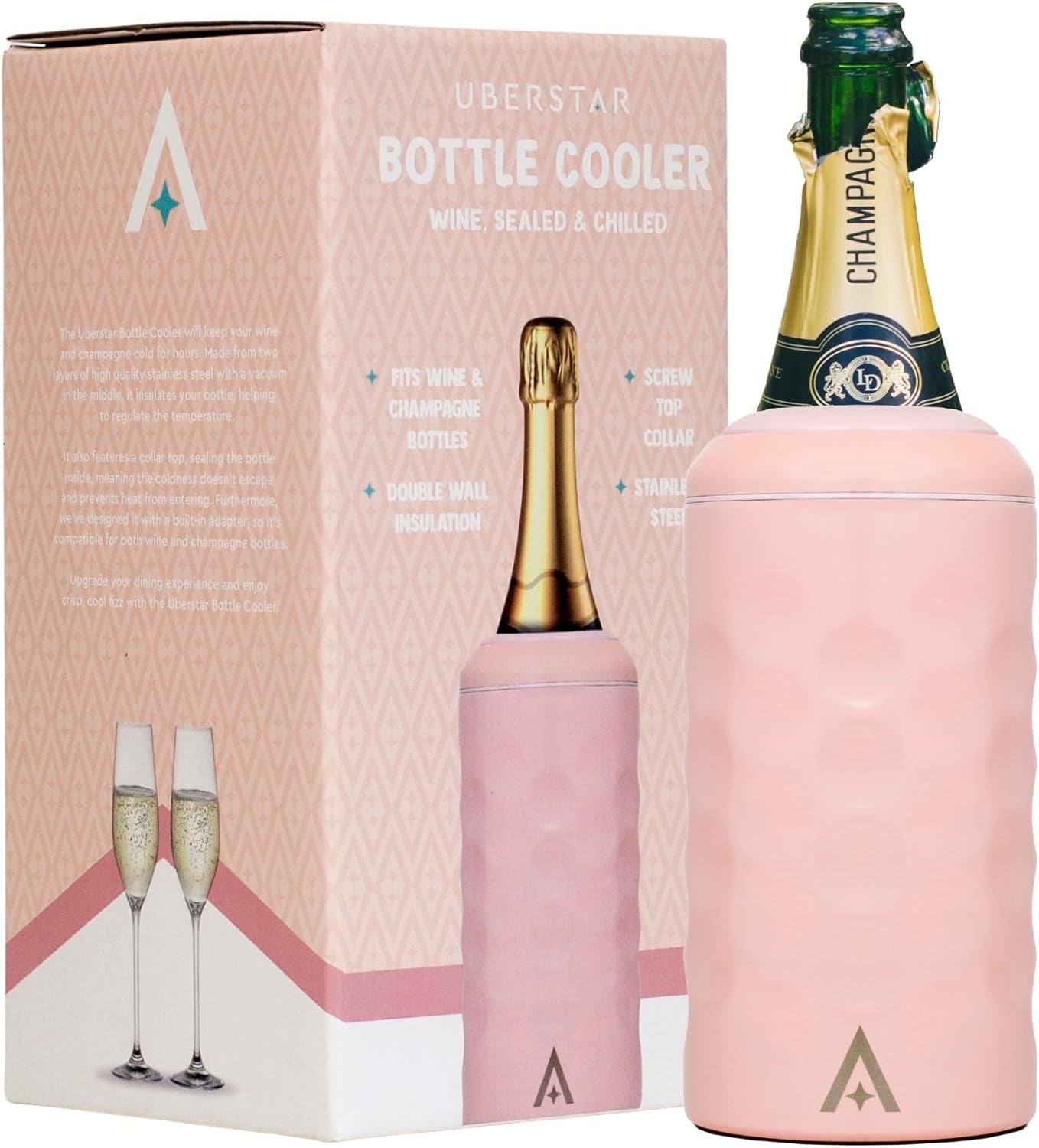 Wine Bottle Cooler Pink Stainless Steel Double Wall Vacuum Chiller Gift