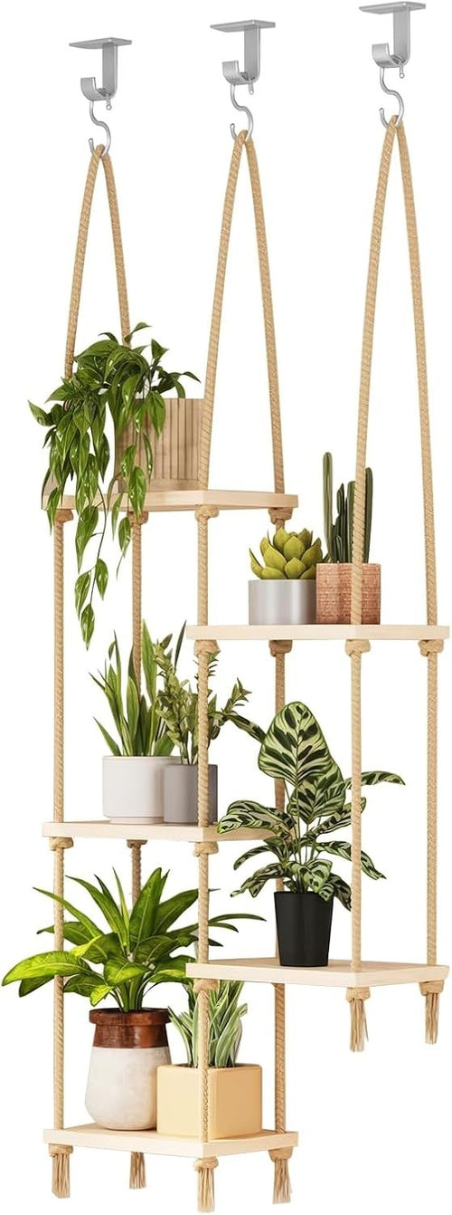 Boho Hemp Rope & Wood Hanging Shelf 5-Tier Wall Display