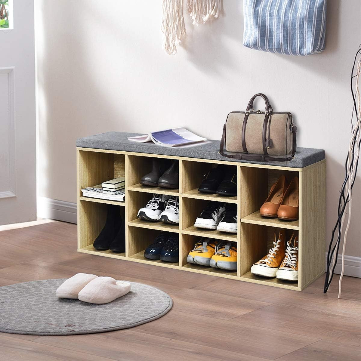 Shoe Storage Bench with Cushion & Adjustable Shelves 104x30x48cm Natural