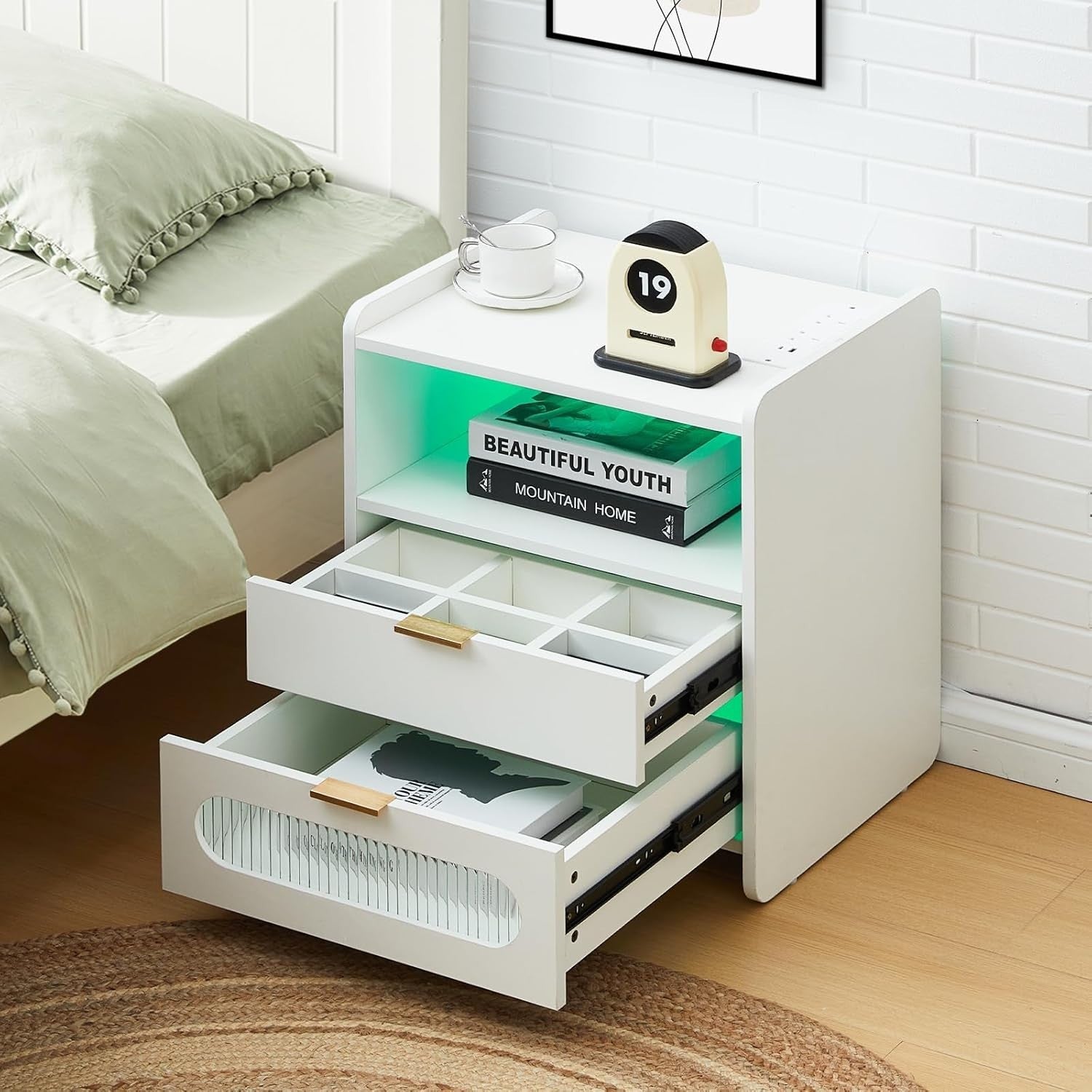 Modern White Bedside Table with LED Lights & USB Charging Ports, 2 Drawers