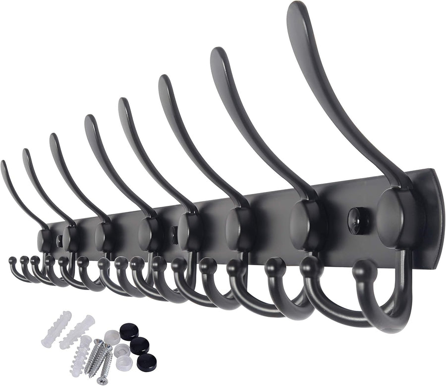 75cm Wall Mounted Coat Rack with 8 Hooks | Heavy Duty Metal Hook Rail Black