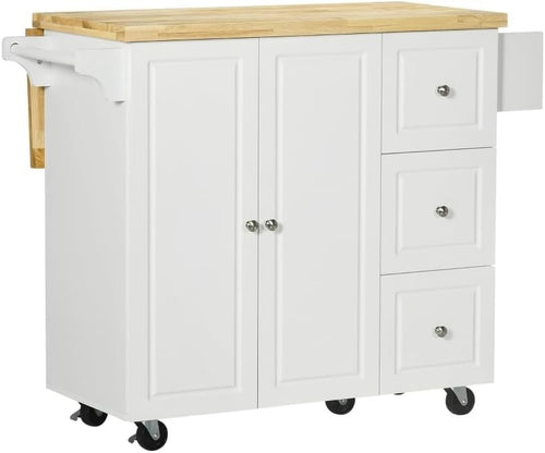 Kitchen Island Trolley on Wheels Expandable Top Drawer Cabinet White