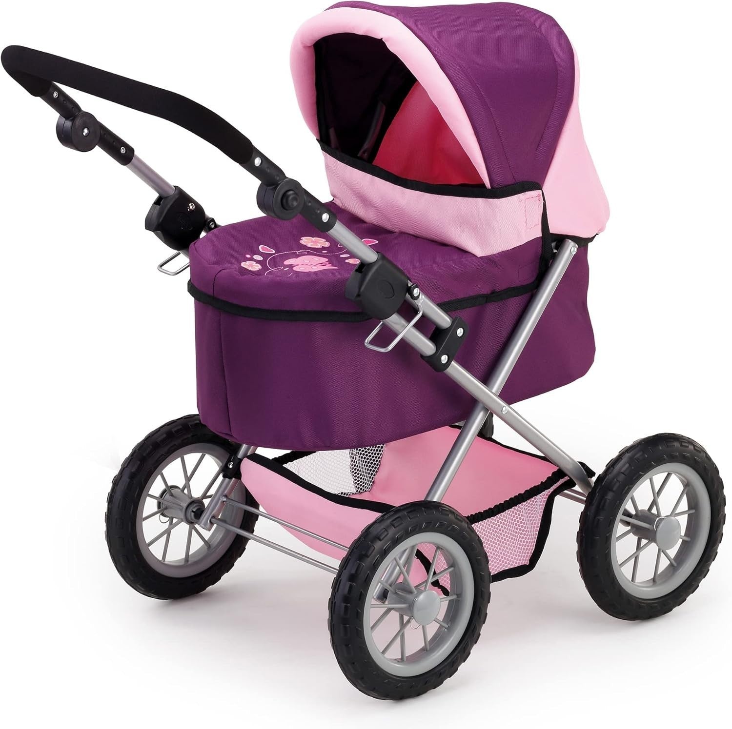 Doll Pram Stroller Foldable Height Adjustable Handle Basket Bag Purple