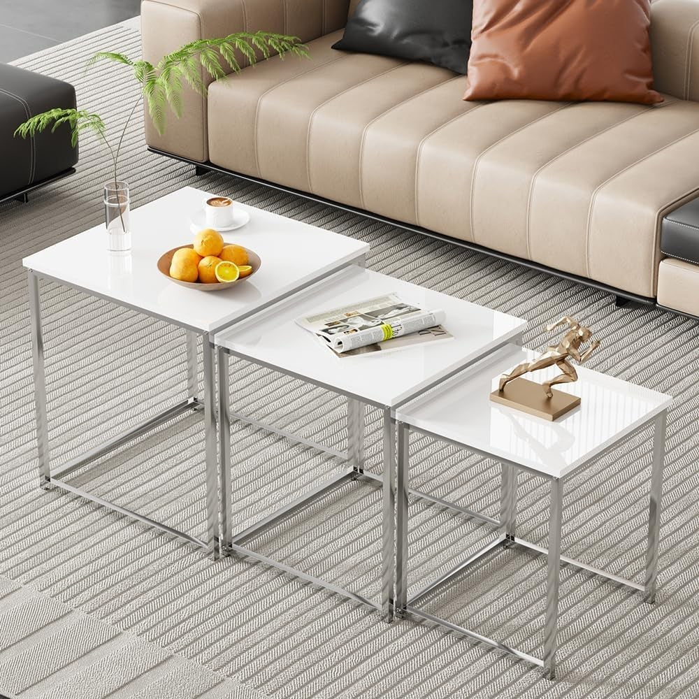 Space Saving Nesting Coffee Tables Set of 3 White Modern Side End Living Room